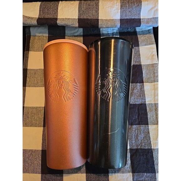 Starbucks Tumblers Set Of 2 Black and‎ Rose Gold Stainless Steel Cups - Picture 1 of 9